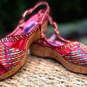 Vintage Susan Bennis Warren Edwards Woven Leather Cork Wedge Sandals Size 9.5